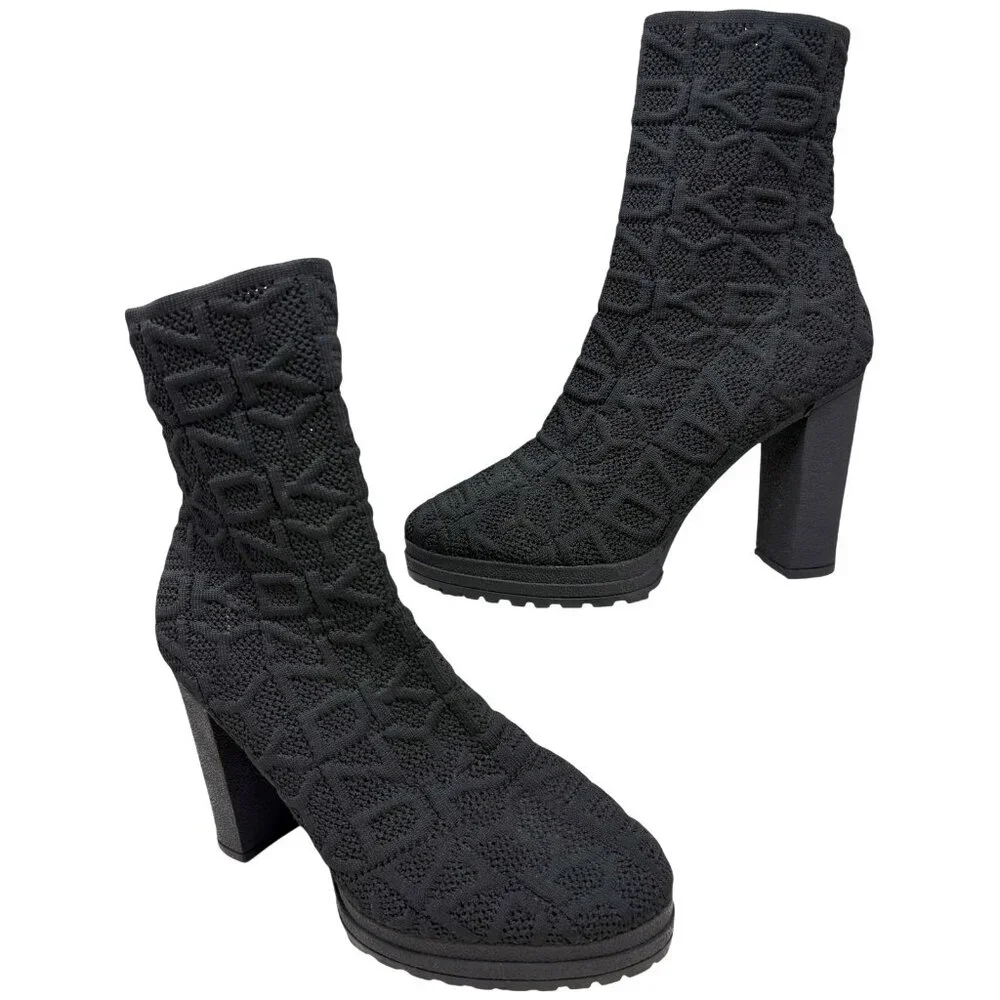 DKNY Tammy Black Knit Logo Chunky Platform Bootie